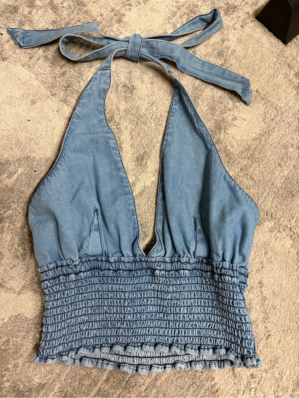Urban Outfitters Light Blue Halter Smocked Denim-Look Bodysuit